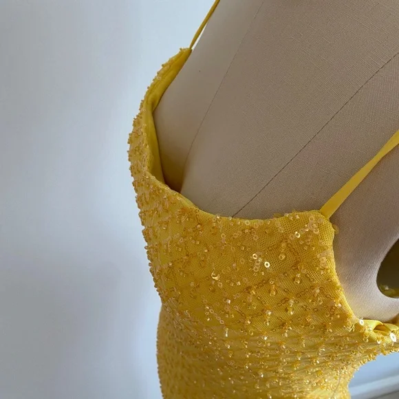 Windsor Yellow Sequin Backless Prom Dress - Picture 9 of 12